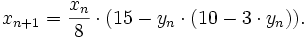 x_{n+1} = \frac{x_n}{8} \cdot (15 - y_n \cdot (10 - 3 \cdot y_n)).
